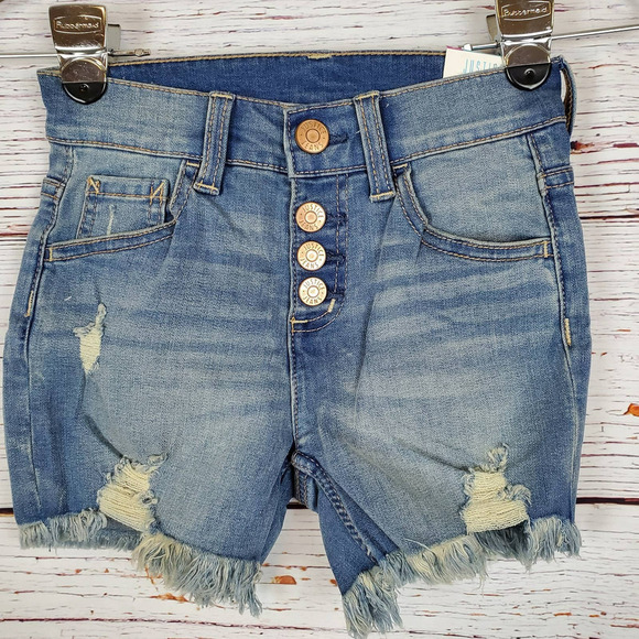 🔴 Justice High Waist Denim Jean Short Girls 8 Blue Distressed Raw Hem NWT - Picture 1 of 8